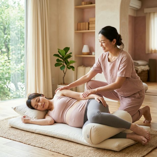 指導員が横向き寝姿勢での優しい股関節ストレッチをサポートする様子